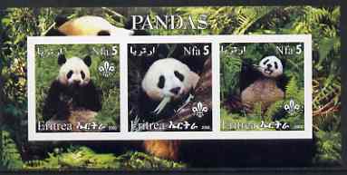 Eritrea 2002 Pandas #1 imperf sheetlet containing set of 3 values each with Scouts Logo unmounted mint