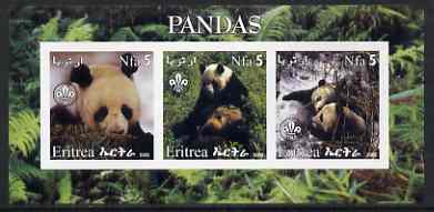 Eritrea 2002 Pandas #2 imperf sheetlet containing set of 3 values each with Scouts Logo unmounted mint