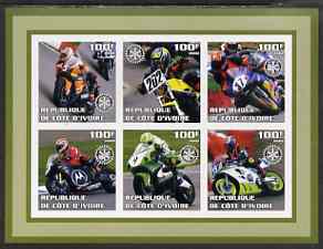 Ivory Coast 2002 Racing Motorcycles #1 imperf sheetlet containing set of 6 values (top middle No. 202) each with Rotary logo, unmounted mint, stamps on motorbikes, stamps on rotary
