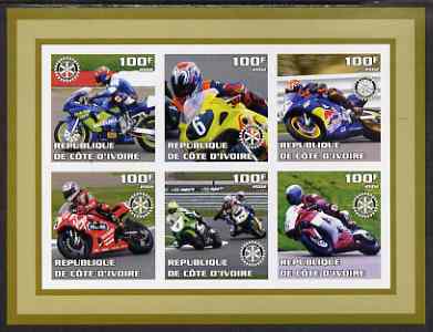 Ivory Coast 2002 Racing Motorcycles #2 imperf sheetlet containing set of 6 values (top middle No. 6) each with Rotary logo, unmounted mint, stamps on , stamps on  stamps on motorbikes, stamps on  stamps on rotary