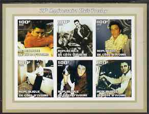 Ivory Coast 2002 Elvis Presley 25th Death Anniversary #1 imperf sheetlet containing 6 values unmounted mint, stamps on , stamps on  stamps on elvis, stamps on  stamps on music, stamps on  stamps on entertainments, stamps on  stamps on films, stamps on  stamps on motorbikes