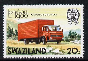 Swaziland 1980 London 1980 Post Office Truck 20c with wmk sideways inverted unmounted mint SG 356w*, stamps on postal, stamps on trucks, stamps on transport