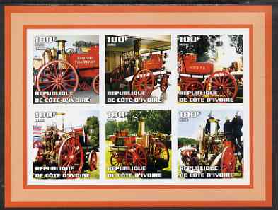 Ivory Coast 2002 Old Fire Engines #1 imperf sheetlet containing set of 6 values (top left Bridport) unmounted mint, stamps on , stamps on  stamps on fire