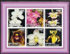Ivory Coast 2002 Orchids #1 (violet border) imperf sheetlet containing 6 values unmounted mint, stamps on flowers, stamps on orchids