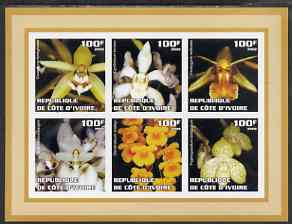 Ivory Coast 2002 Orchids #2 (brown border) imperf sheetlet containing 6 values unmounted mint, stamps on flowers, stamps on orchids