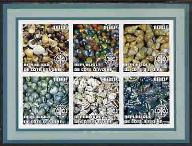 Ivory Coast 2002 Sea Shells #1 imperf sheetlet containing set of 6 values (green border) each with Rotary logo, unmounted mint, stamps on , stamps on  stamps on shells, stamps on  stamps on marine life, stamps on  stamps on rotary