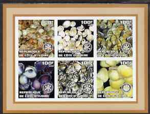 Ivory Coast 2002 Sea Shells #2 imperf sheetlet containing set of 6 values (brown border) each with Rotary logo, unmounted mint, stamps on , stamps on  stamps on shells, stamps on  stamps on marine life, stamps on  stamps on rotary