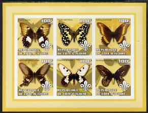 Ivory Coast 2002 Butterflies #1 (yellow border) imperf sheetlet containing 6 values each with Scout logo unmounted mint, stamps on , stamps on  stamps on butterflies, stamps on  stamps on scouts