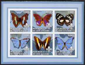 Ivory Coast 2002 Butterflies #2 (blue border) imperf sheetlet containing 6 values each with Scout logo unmounted mint, stamps on , stamps on  stamps on butterflies, stamps on  stamps on scouts