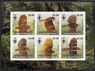 Mauritania 2002 Birds of Prey #1 imperf sheetlet containing 6 values (Owls) each with Scout logo unmounted mint, stamps on birds, stamps on birds of prey, stamps on owls, stamps on scouts