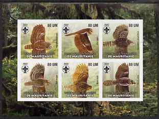 Mauritania 2002 Birds of Prey #1 imperf sheetlet containing 6 values (Owls) each with Scout logo unmounted mint, stamps on , stamps on  stamps on birds, stamps on  stamps on birds of prey, stamps on  stamps on owls, stamps on  stamps on scouts