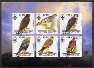 Mauritania 2002 Birds of Prey #3 imperf sheetlet containing 6 values (Eagle, Buzzards, Falcons & Hawks) each with Scout logo unmounted mint, stamps on , stamps on  stamps on birds, stamps on  stamps on birds of prey, stamps on  stamps on falcon, stamps on  stamps on hawk, stamps on  stamps on eagles, stamps on  stamps on scouts