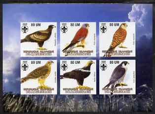 Mauritania 2002 Birds of Prey #4 imperf sheetlet containing 6 values (Eagles, Falcons & Hawks) each with Scout logo unmounted mint, stamps on , stamps on  stamps on birds, stamps on  stamps on birds of prey, stamps on  stamps on falcon, stamps on  stamps on hawk, stamps on  stamps on eagles, stamps on  stamps on scouts