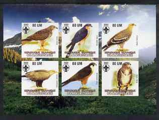 Mauritania 2002 Birds of Prey #5 imperf sheetlet containing 6 values (Eagles, Falcons & Hawks) each with Scout logo unmounted mint, stamps on , stamps on  stamps on birds, stamps on  stamps on birds of prey, stamps on  stamps on falcon, stamps on  stamps on hawk, stamps on  stamps on eagles, stamps on  stamps on scouts