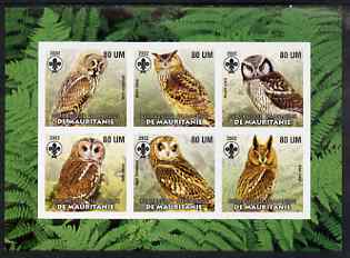 Mauritania 2002 Birds of Prey #6 pimerf sheetlet containing 6 values (Owls) each with Scout logo unmounted mint, stamps on birds, stamps on birds of prey, stamps on owls, stamps on scouts