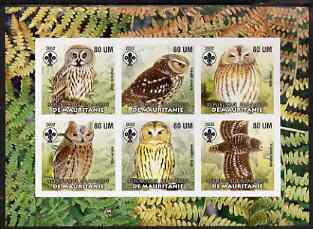 Mauritania 2002 Birds of Prey #8 imperf sheetlet containing 6 values (Owls) each with Scout logo unmounted mint, stamps on , stamps on  stamps on birds, stamps on  stamps on birds of prey, stamps on  stamps on owls, stamps on  stamps on scouts