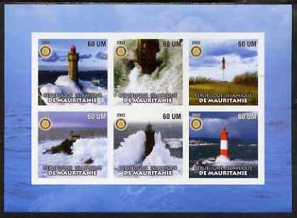 Mauritania 2002 Lighthouses #1 imperf sheetlet containing set of 6 values (blue background) each with Rotary logo, unmounted mint, stamps on lighthouses, stamps on rotary