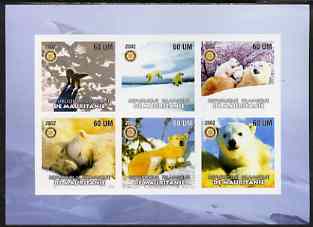 Mauritania 2002 Polar Bears #2 imperf sheetlet containing 6 values each with Rotary logo, unmounted mint, stamps on , stamps on  stamps on bears, stamps on  stamps on animals, stamps on  stamps on polar, stamps on  stamps on rotary