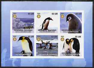 Mauritania 2002 Penguins #1 imperf sheetlet containing 6 values each with Rotary logo, unmounted mint, stamps on , stamps on  stamps on birds, stamps on  stamps on penguins, stamps on  stamps on polar, stamps on  stamps on rotary