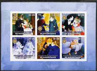 Mauritania 2002 Cartoon Cats #2 (blue border) imperf sheetlet containing 6 values each with Rotary logo, unmounted mint, stamps on , stamps on  stamps on cats, stamps on  stamps on cartoons, stamps on  stamps on rotary