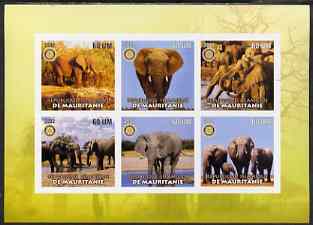 Mauritania 2002 Elephants #1 imperf sheetlet containing 6 values each with Rotary logo, unmounted mint, stamps on , stamps on  stamps on elephants, stamps on  stamps on animals, stamps on  stamps on rotary