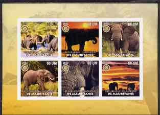 Mauritania 2002 Elephants #2 imperf sheetlet containing 6 values each with Rotary logo, unmounted mint, stamps on , stamps on  stamps on elephants, stamps on  stamps on animals, stamps on  stamps on rotary