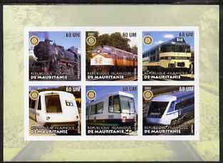 Mauritania 2002 Railway Locos #1 imperf sheetlet containing 6 values each with Rotary logo, unmounted mint, stamps on , stamps on  stamps on railways, stamps on  stamps on rotary