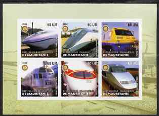 Mauritania 2002 Railway Locos #2 imperf sheetlet containing 6 values each with Rotary logo, unmounted mint, stamps on , stamps on  stamps on railways, stamps on  stamps on rotary