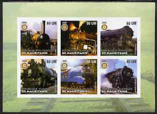 Mauritania 2002 Railway Locos #3 imperf sheetlet containing 6 values each with Rotary logo, unmounted mint, stamps on , stamps on  stamps on railways, stamps on  stamps on rotary