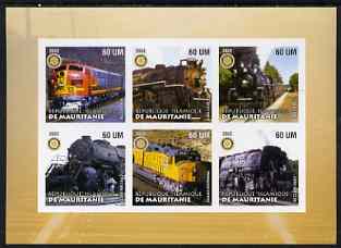 Mauritania 2002 Railway Locos #5 imperf sheetlet containing 6 values each with Rotary logo, unmounted mint, stamps on , stamps on  stamps on railways, stamps on  stamps on rotary