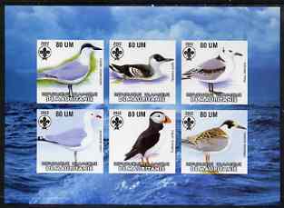 Mauritania 2002 Sea Birds #1 imperf sheetlet containing 6 values each with Scout logo unmounted mint, stamps on birds, stamps on scouts, stamps on gulls, stamps on puffins