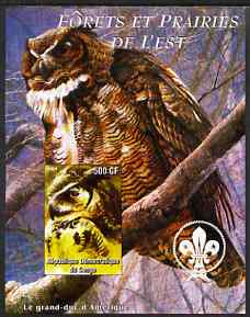 Congo 2004 Birds - Forets et Prairies de L'Est #3 (Owl) imperf s/sheet with Scout Logo in background unmounted mint , stamps on , stamps on  stamps on birds, stamps on  stamps on birds of prey, stamps on  stamps on owls, stamps on  stamps on scouts