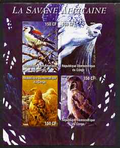 Congo 2004 Birds - La Savane Africaine imperf sheetlet containing 4 values unmounted mint , stamps on , stamps on  stamps on birds, stamps on  stamps on birds of prey, stamps on  stamps on owls