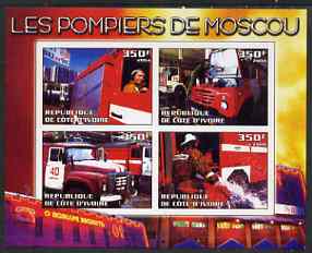 Ivory Coast 2004 Firemen of Moscow imperf sheetlet containing 4 values unmounted mint, stamps on fire, stamps on 