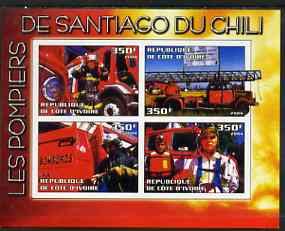 Ivory Coast 2004 Firemen of Santiago, Chile imperf sheetlet containing 4 values unmounted mint, stamps on , stamps on  stamps on fire, stamps on  stamps on 