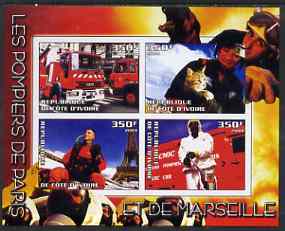 Ivory Coast 2004 Firemen of Paris imperf sheetlet containing 4 values unmounted mint, stamps on , stamps on  stamps on fire, stamps on  stamps on 