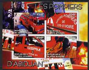 Ivory Coast 2004 Firemen of D'Abidjan imperf sheetlet containing 4 values unmounted mint, stamps on , stamps on  stamps on fire, stamps on  stamps on 