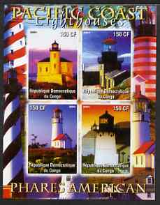 Congo 2004 Lighthouses of America (Pacific Coast) imperf sheetlet containing 4 values unmounted mint, stamps on lighthouses