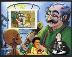 Benin 2003 Pinocchio imperf m/sheet #1 with portraits of Elvis & Walt Disney, unmounted mint, stamps on , stamps on  stamps on films, stamps on  stamps on cinema, stamps on  stamps on personalities, stamps on  stamps on entertainments, stamps on  stamps on elvis, stamps on  stamps on disney, stamps on  stamps on ducks