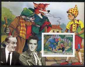 Benin 2003 Pinocchio imperf m/sheet #2 with portraits of Elvis & Walt Disney, unmounted mint, stamps on , stamps on  stamps on films, stamps on  stamps on cinema, stamps on  stamps on personalities, stamps on  stamps on entertainments, stamps on  stamps on elvis, stamps on  stamps on disney, stamps on  stamps on ducks