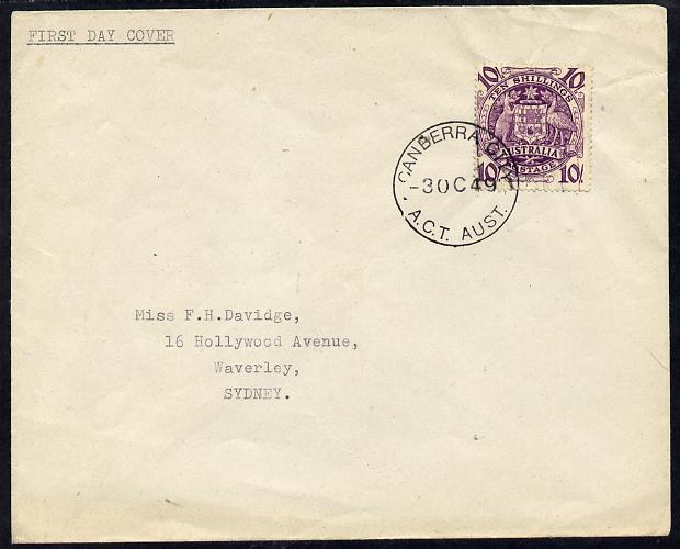 Australia 1949 Arms 10s on plain typed addressed cover with clear first day cancel (SG224b) stamp has been applied over the cancel and is almost certainly a maunfactured (forged) cover, stamps on , stamps on  stamps on , stamps on  stamps on  kg6 , stamps on  stamps on 