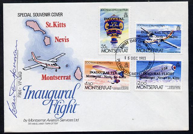 Montserrat 1983 Manned Flight set of 4 optd Inaugural Flight on specal illustrated flown flight cover signed by pilot, (see note after SG 589), stamps on aviation