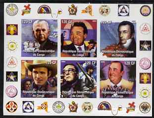 Congo 2003 Famous Persons of NY Masonic Lodge #2 imperf sheetlet containing 6 values unmounted mint (Roy Rogers, Paul Whiteman), stamps on , stamps on  stamps on personalities, stamps on  stamps on masonics, stamps on  stamps on baseball, stamps on  stamps on music, stamps on  stamps on jazz, stamps on  stamps on masonry