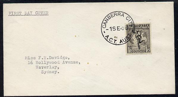 Australia 1949 Hermes 1s6d on plain typed addressed cover with clear first day cancel (SG223a) stamp has been applied over the cancel and is almost certainly a maunfactured (forged) cover, stamps on , stamps on  stamps on , stamps on  stamps on  kg6 , stamps on  stamps on 