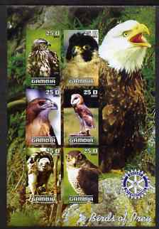 Gambia 2003 Birds of Prey imperf sheetlet containing 6 values with Rotary logo, unmounted mint, stamps on , stamps on  stamps on birds, stamps on  stamps on birds of prey, stamps on  stamps on owls, stamps on  stamps on eagles, stamps on  stamps on rotary