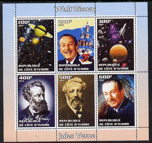 Ivory Coast 2004 Walt Disney & Jules Verne perf sheetlet containing 6 values unmounted mint, stamps on personalities, stamps on films, stamps on cinema, stamps on movies, stamps on disney, stamps on literature, stamps on verne, stamps on sci-fi