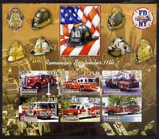 Gambia 2003 Fire Engines - Remember Sept 11th imperf sheetlet containing 6 values, unmounted mint, stamps on , stamps on  stamps on fire, stamps on  stamps on disasters