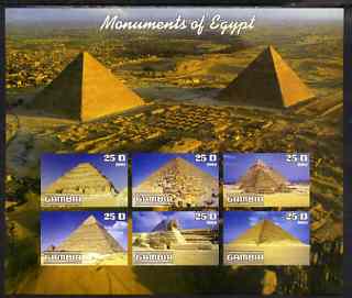 Gambia 2003 Monuments of Egypt (Pyramids) imperf sheetlet containing 6 values, unmounted mint, stamps on , stamps on  stamps on monuments, stamps on  stamps on egyptology, stamps on  stamps on pyramids, stamps on  stamps on tourism