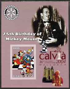Benin 2003 75th Birthday of Mickey Mouse #01 imperf s/sheet also showing Walt Disney, Pope, Calvia Chess Olympiad & Rotary Logos, unmounted mint, stamps on disney, stamps on cartoons, stamps on chess, stamps on pope, stamps on personalities, stamps on rotary