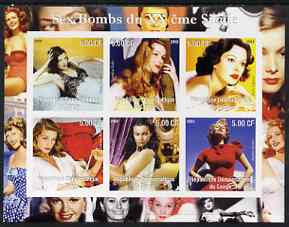Congo 2002 Sex Bombs of the 20th Century #1 imperf sheetlet containing set of 6 values unmounted mint, stamps on personalities, stamps on films, stamps on cinema, stamps on movies, stamps on women, stamps on millennium